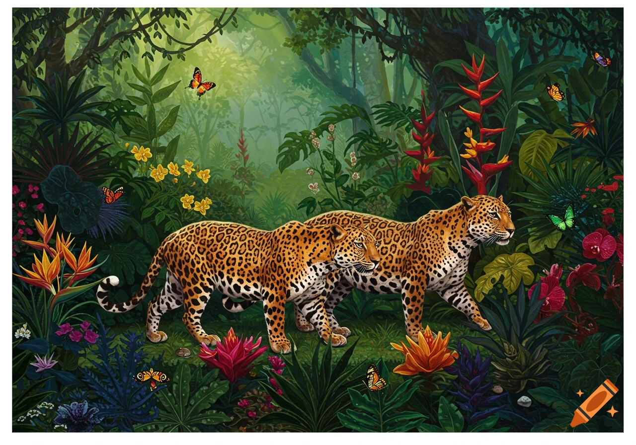 Two spotted leopards stroll through a lush, colorful jungle filled with exotic plants and butterflies. Illustrated.