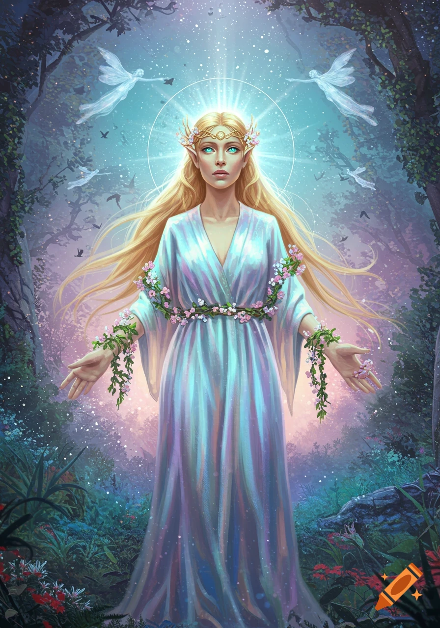 Ethereal blonde goddess with glowing eyes and floral gown in a mystical forest, surrounded by light and fairies, digital art.