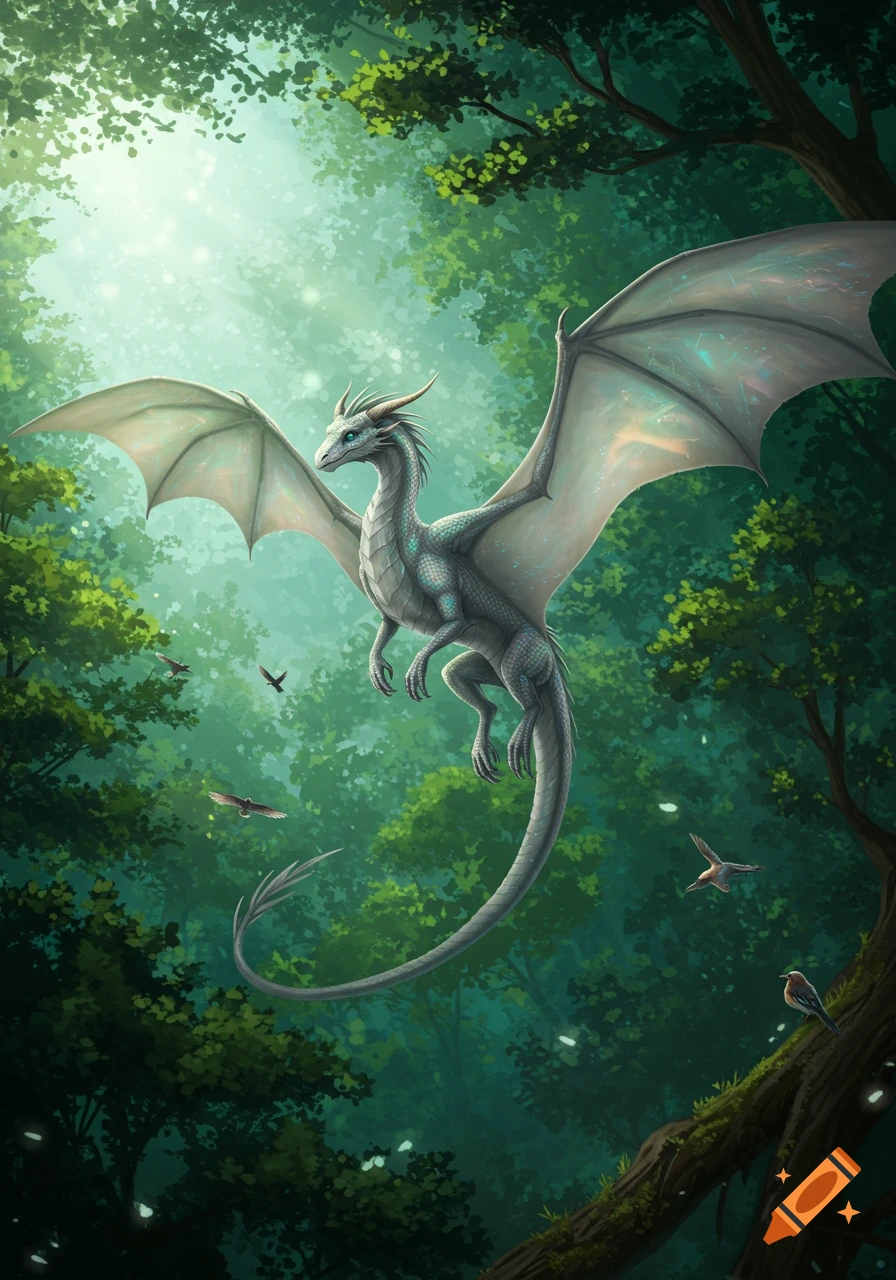 A white dragon with shimmering wings flies through a sunlit, vibrant green forest with small birds.