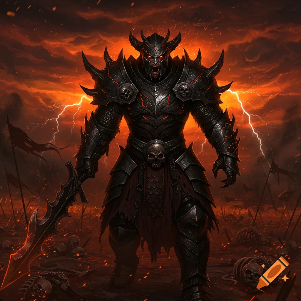 Demonic warrior in spiked dark armor with glowing red eyes, wielding a sword on a skull-strewn battlefield under a fiery, stormy sky.