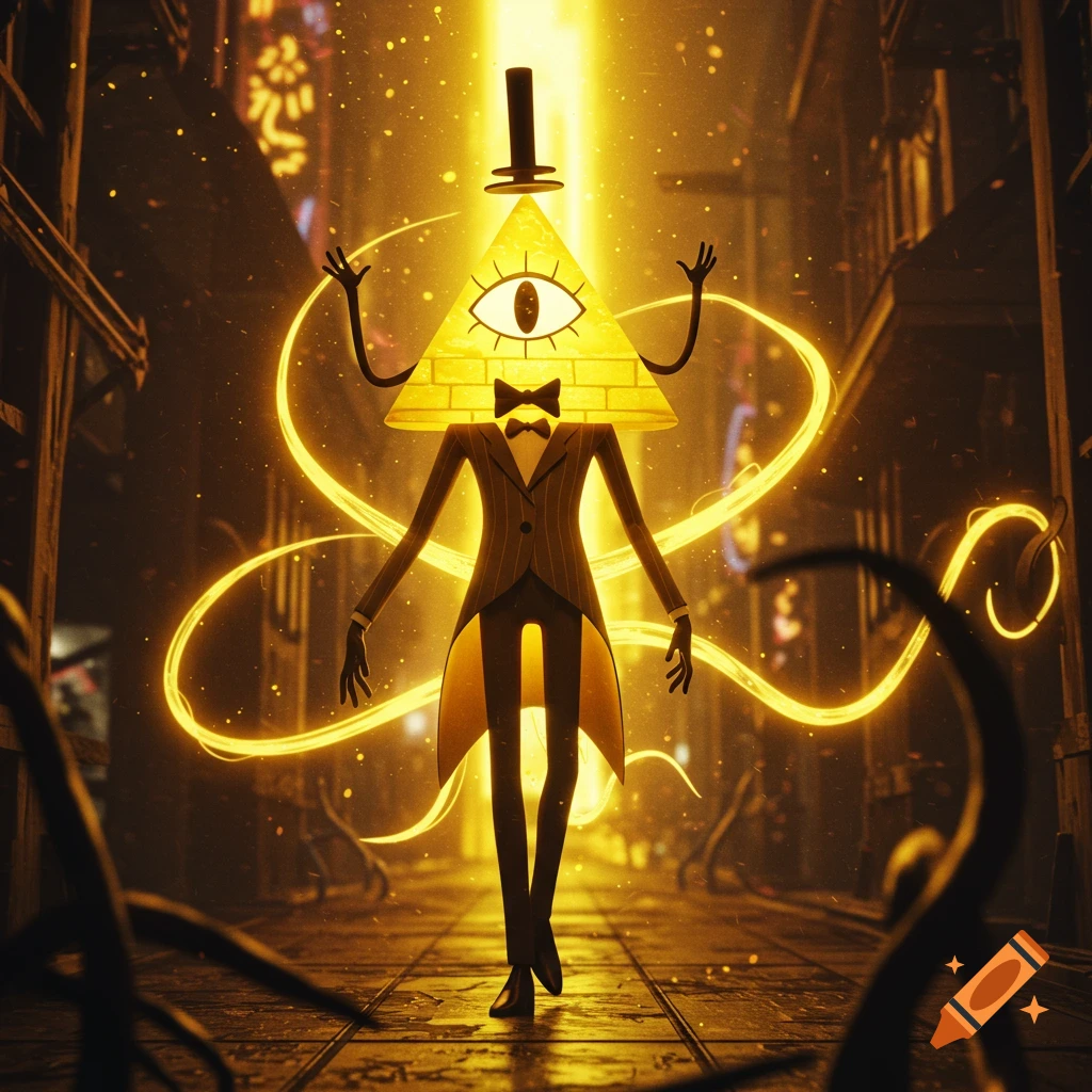 Stylized Bill Cipher character with a glowing triangular head, top hat, and suit stands in a dark alley with golden energy.