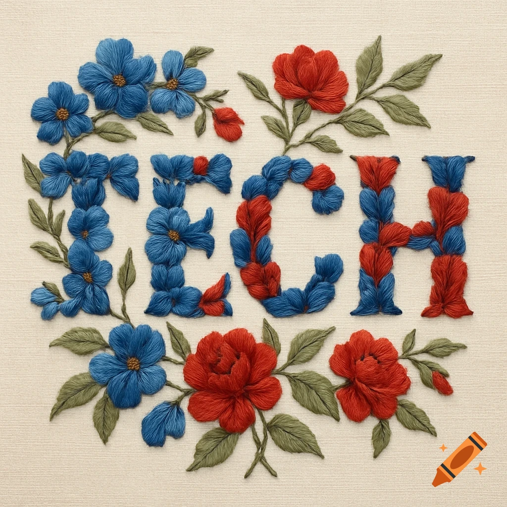 Embroidered blue and red flowers and green leaves spelling 'TECH' on a cream fabric background.