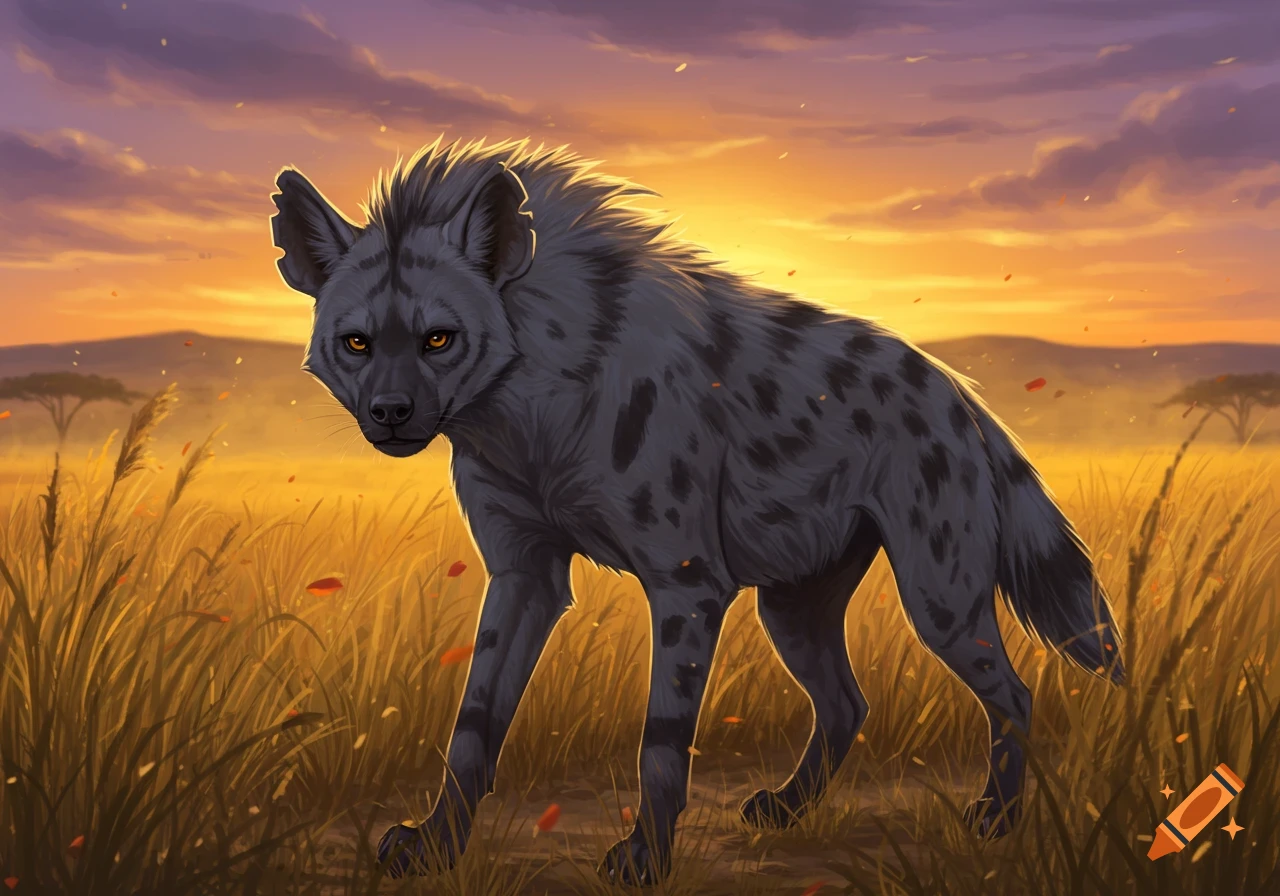 A gray hyena with dark spots walks through tall golden grass in a savanna at sunset, with an orange and purple sky.