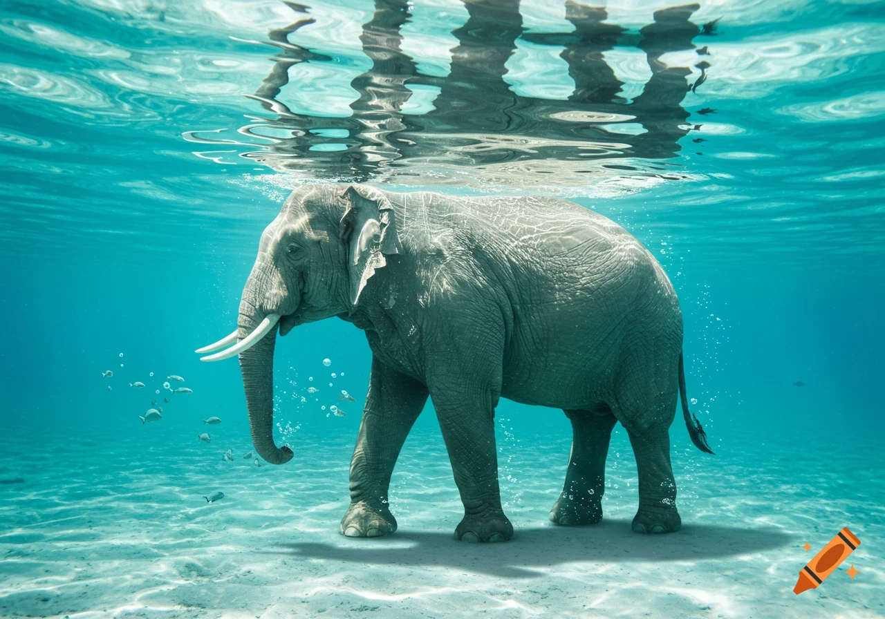 Photorealistic African elephant walking on a sandy ocean floor under clear blue water with sunlight ripples and small fish.