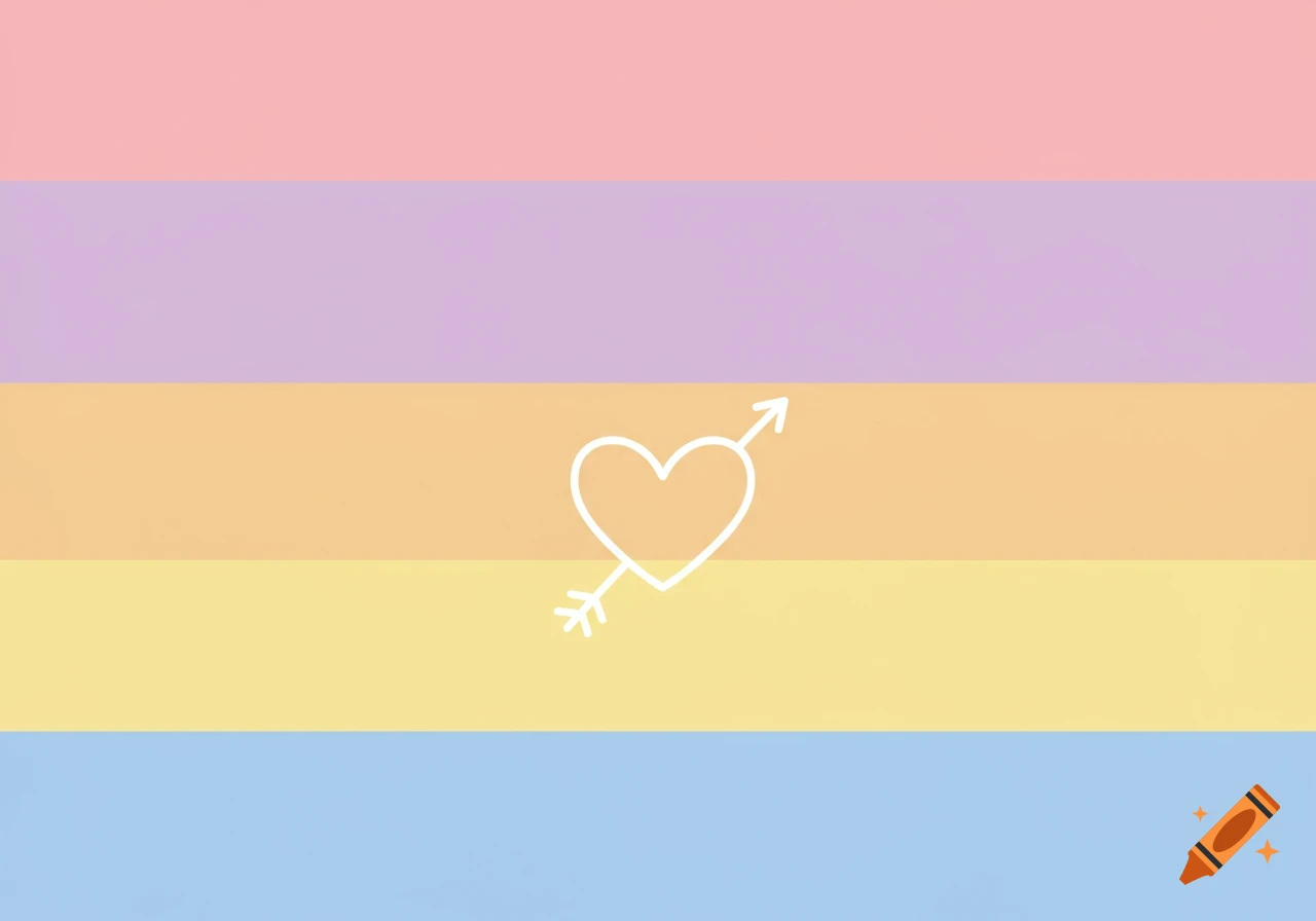 A minimalistic pastel flag with horizontal stripes and a central white outlined heart with an arrow, symbolizing love and inclusivity.