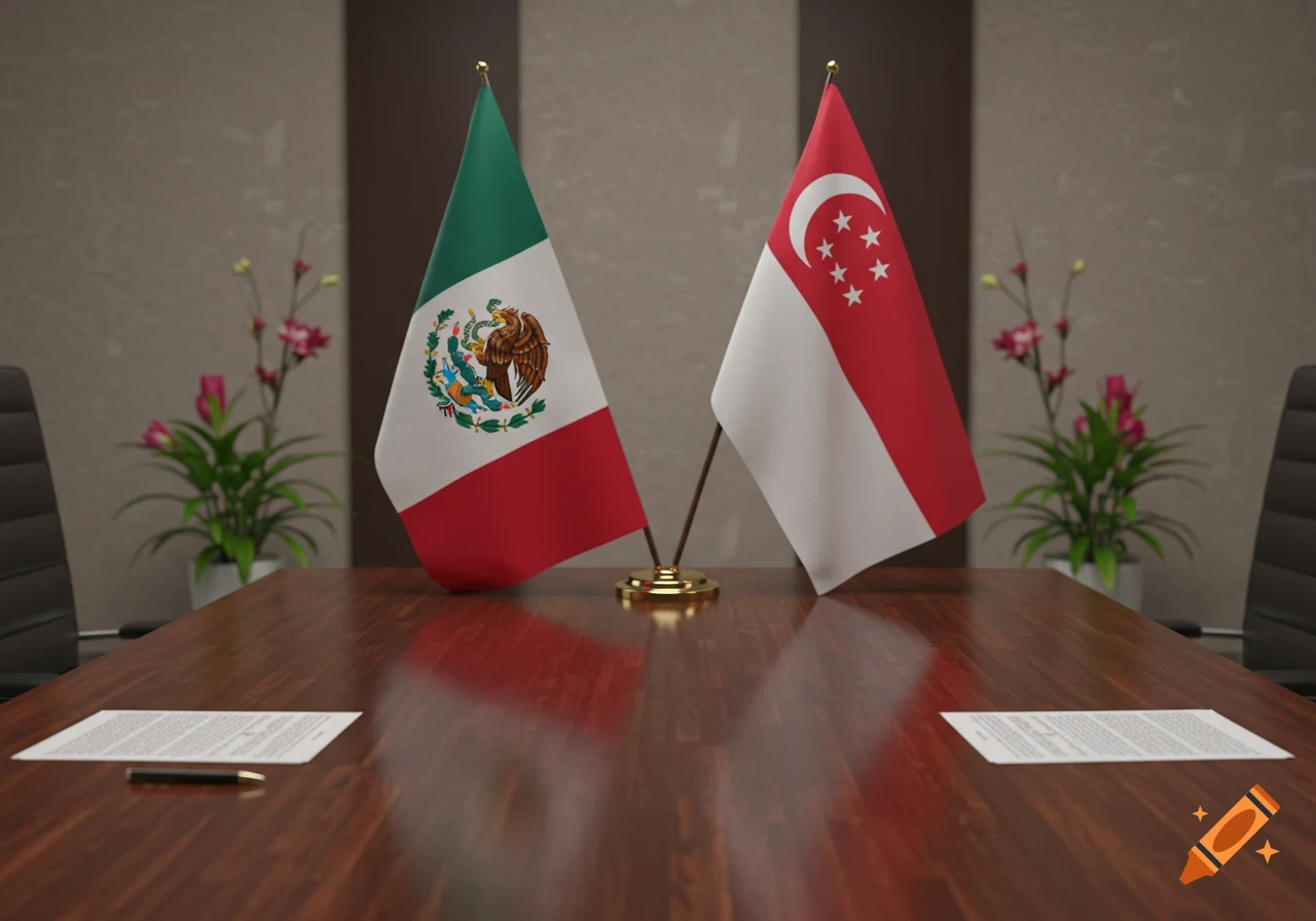 Flags of Mexico and Singapore on a glossy wooden negotiating table in a professional conference room.