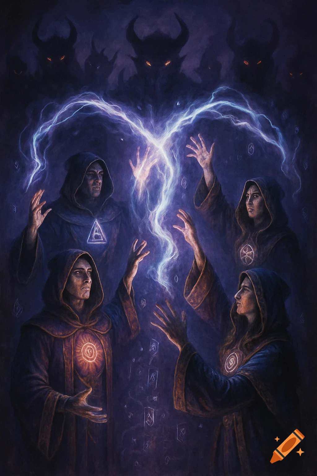 Five hooded figures in dark robes conjure lightning in a ritual, surrounded by glowing mystical symbols, with shadowy horned demons lurking in the background.