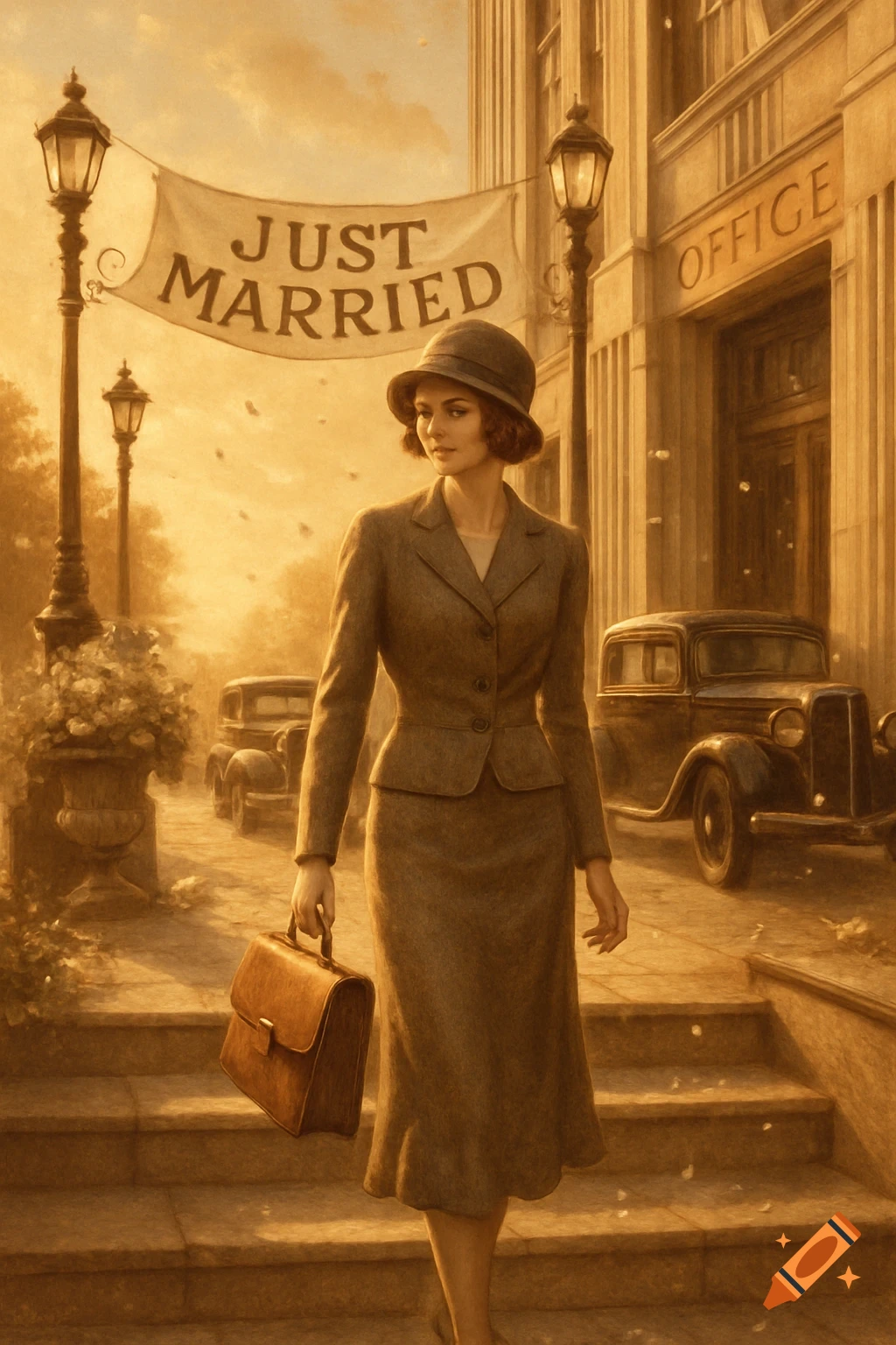 Vintage painting of a woman in a 1930s suit leaving an office building with a "Just Married" banner overhead.