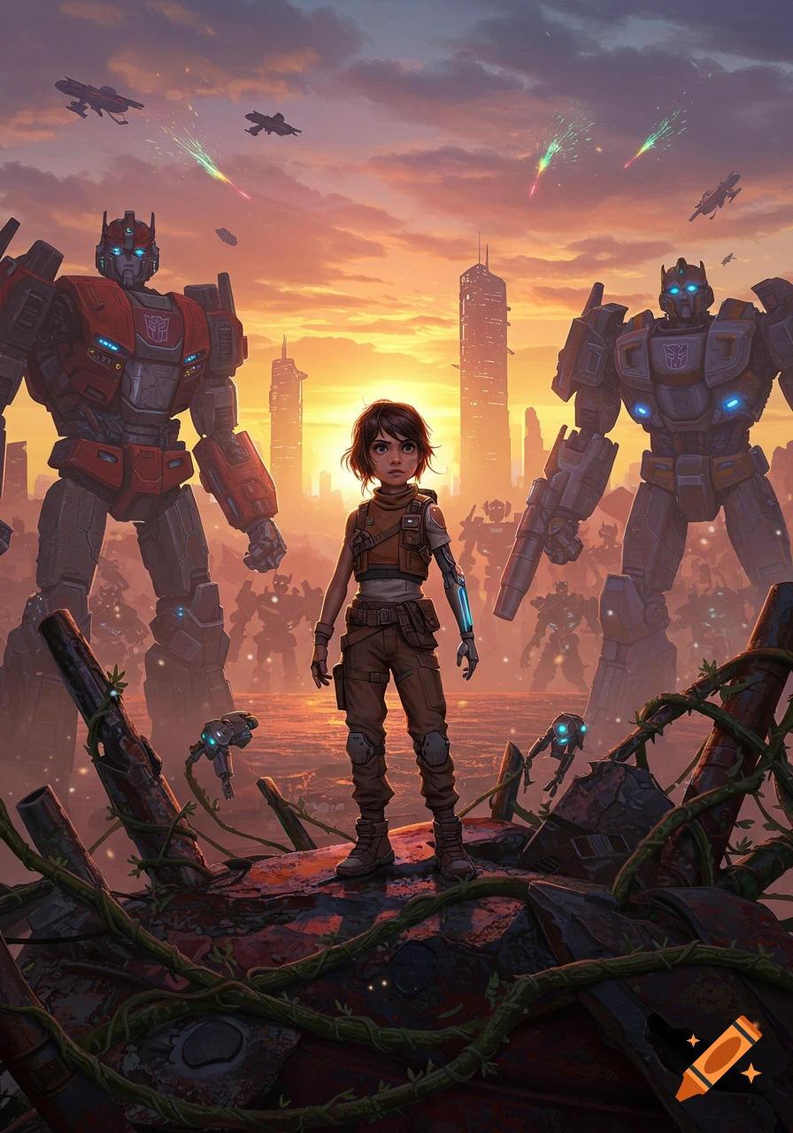 A human girl with a bionic arm stands on ruins flanked by two giant robots in a destroyed city at sunset.