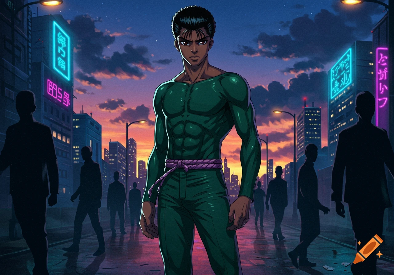 A dark-skinned anime man in a green suit and purple belt stands on a neon-lit city street at sunset, with shadowy figures in the background.