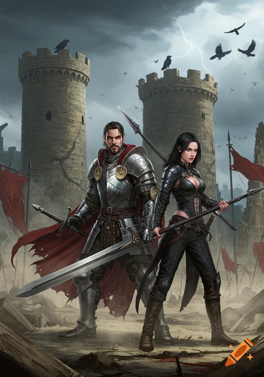 Male knight in plate armor and female warrior in dark leather, holding weapons before ruined castle towers under a stormy sky.