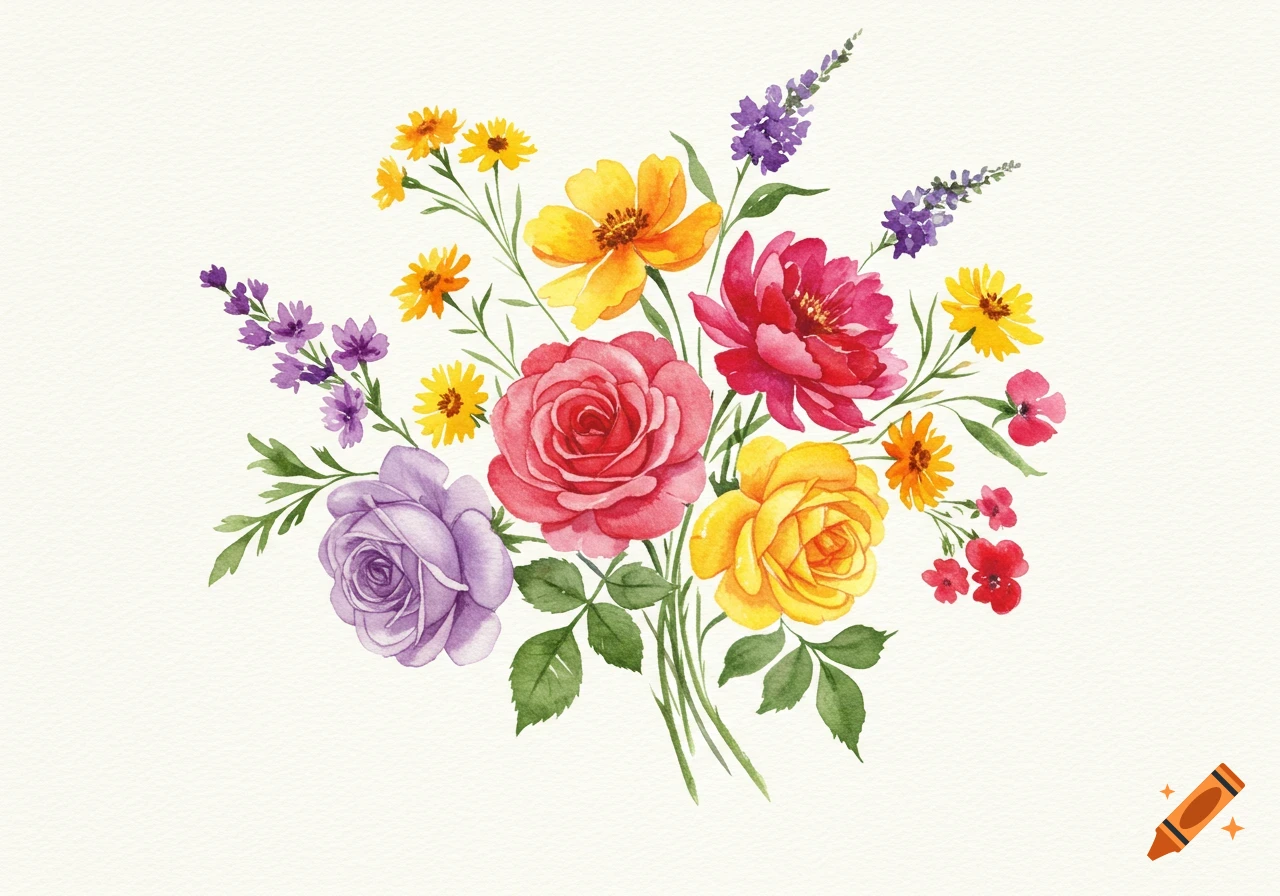 A watercolor bouquet of colorful flowers including pink, yellow, and purple roses, and lavender on a light background.