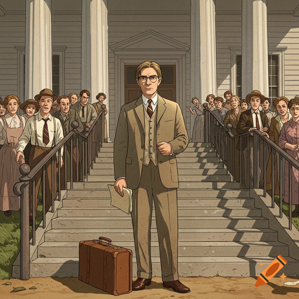 An illustration of a calm Atticus Finch standing outside a courthouse, holding papers, with an agitated crowd on the steps behind him.
