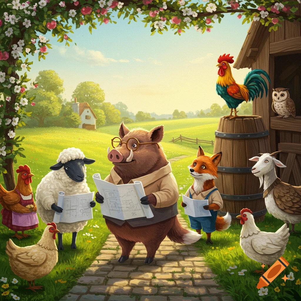 An illustration of anthropomorphic farm animals, including a wild boar, sheep, and fox holding blueprints, gathered on a farm path. A rooster, hens, goat, and owl are also present, framed by a floral archway with a farmhouse in the background.