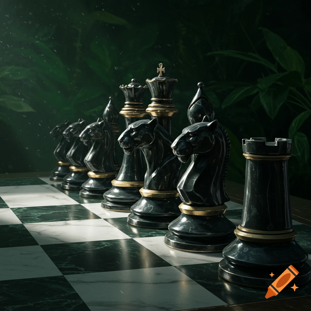 Photorealistic black panther-inspired chess pieces with gold accents on a green and white marble board, set in a lush jungle.