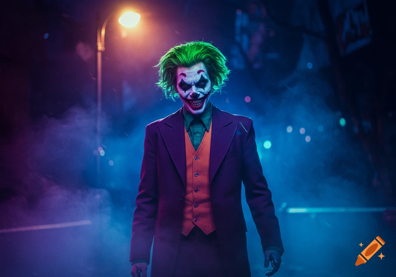A person dressed as the Joker with green hair and clown makeup stands in a dark, misty street under a streetlamp at night.