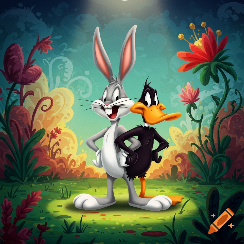 Cartoon Bugs Bunny and Daffy Duck, conjoined, standing in a whimsical, colorful fantasy garden.