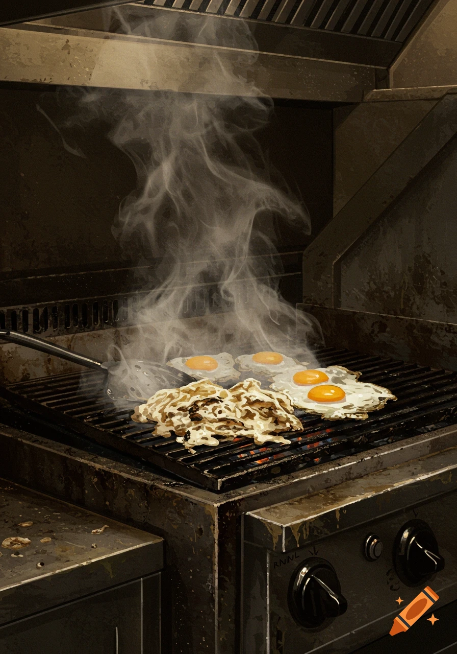 Scrambled and fried eggs cooking on a dirty kitchen grill, with steam rising above them.