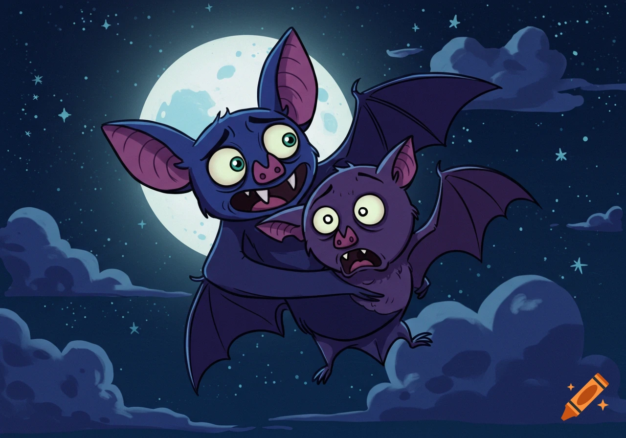Two cartoon bats, one larger blue and one smaller purple, with wide, startled eyes, fly in a starry night sky with a full moon.