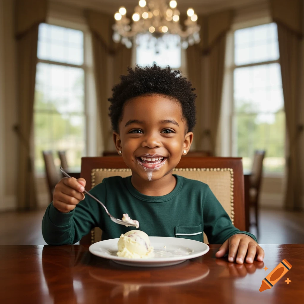 A young Black boy with an afro buzz cut and earrings smiles brightly, ice cream messily smeared around his mouth, as he holds a spoon with more ice cream over a plate. He sits at a wooden table in a elegant room with large windows and a chandelier.
