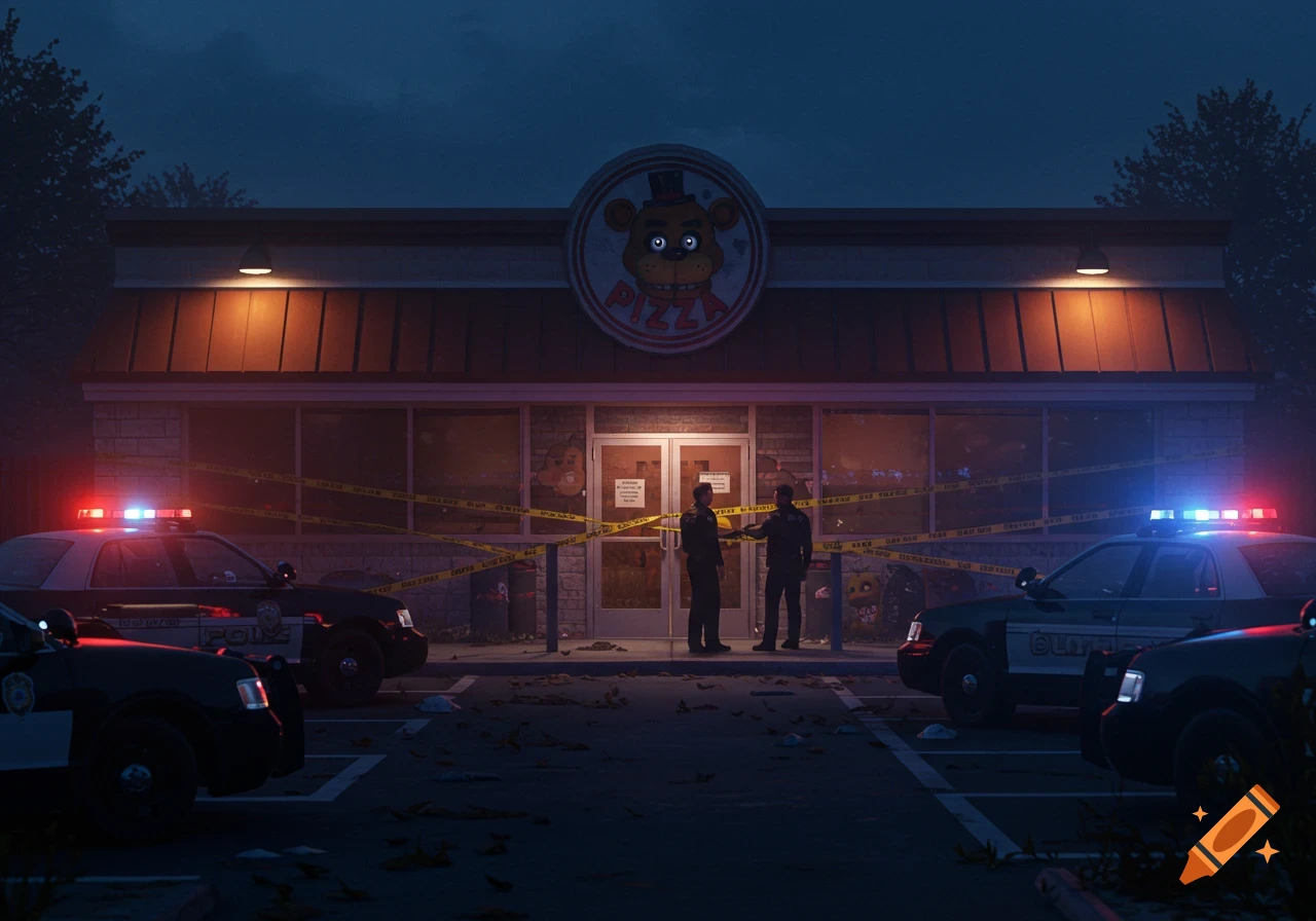 A dark, photorealistic image of Freddy Fazbear's Pizza restaurant at night, surrounded by police cars with flashing lights and crime scene tape across the doors. Two police officers stand in front of the entrance.