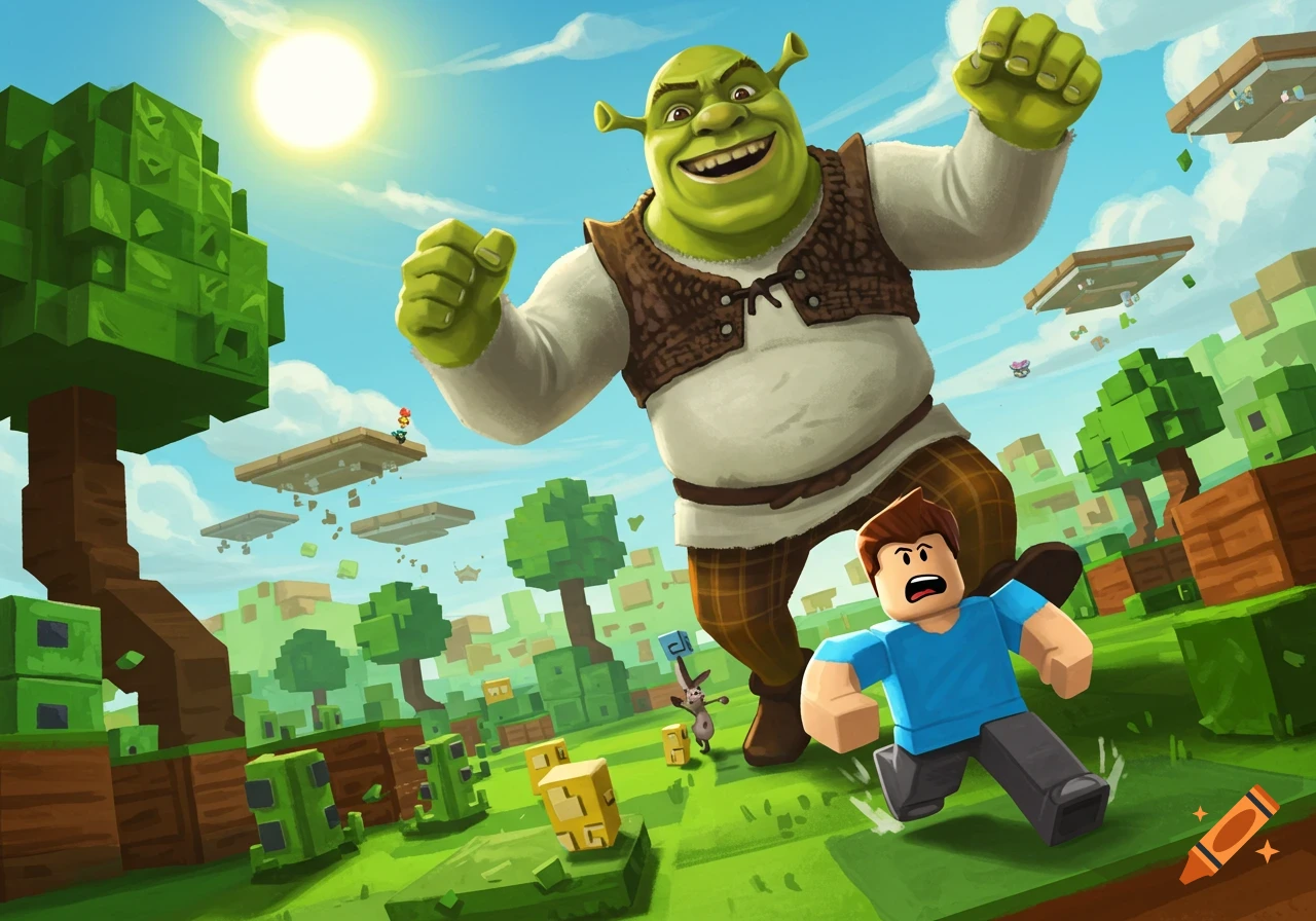Giant Shrek chases a small Roblox player through a blocky green landscape with trees and floating platforms under a sunny sky.