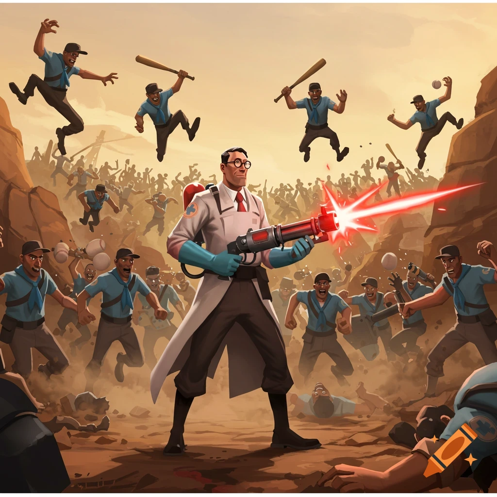 Team Fortress 2 Medic fires a laser at a horde of blue Scouts in a dusty, rocky battle, in the game's distinctive art style.