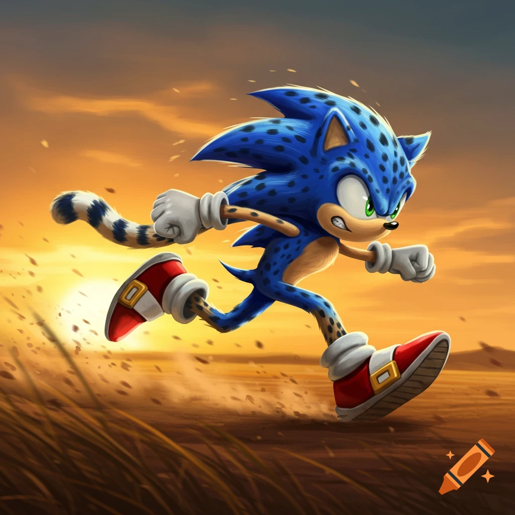 Stylized illustration of a cheetah-patterned Sonic the Hedgehog running at sunset in a savanna.