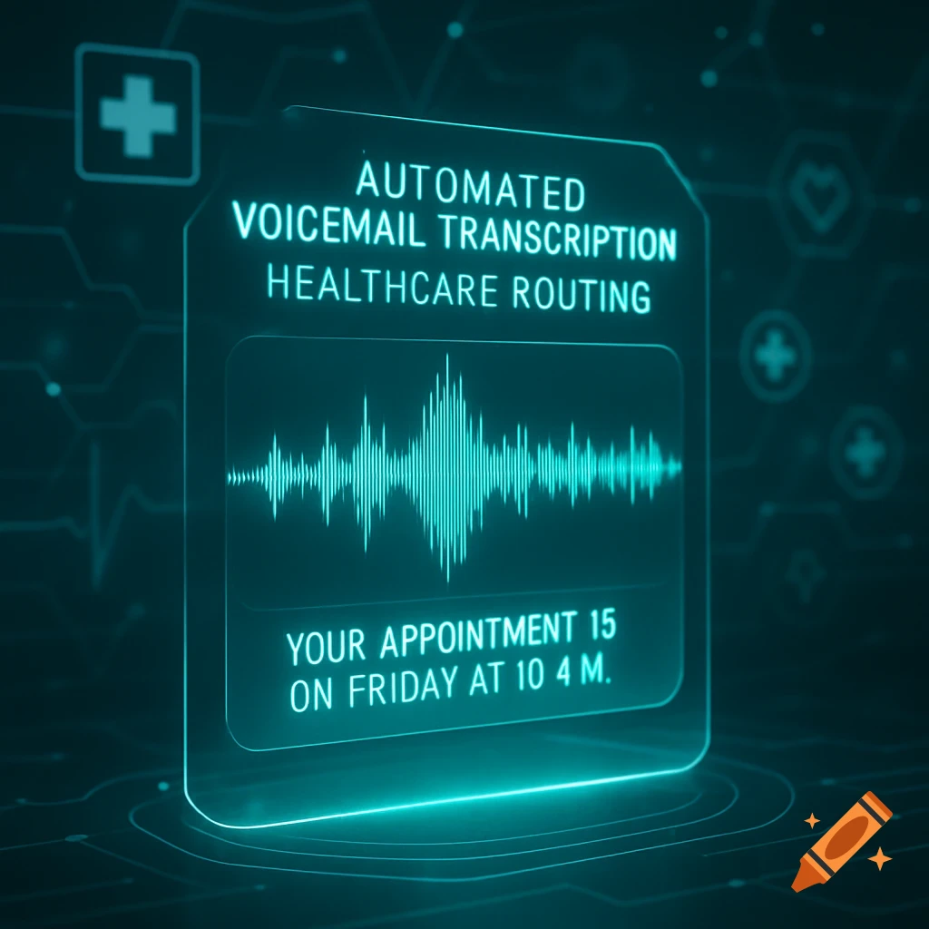 A glowing teal digital interface displays "AUTOMATED VOICEMAIL TRANSCRIPTION HEALTHCARE ROUTING," a waveform, and appointment details.