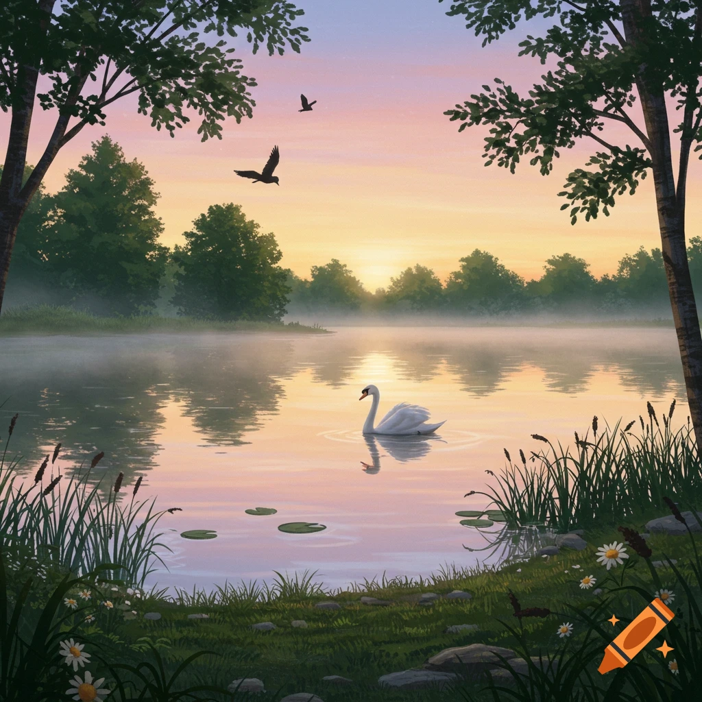 A serene lake at sunrise with a white swan, flying birds, and trees on the misty shore.