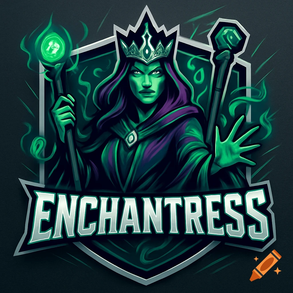 A professional NFL-style logo featuring an enchantress with green skin, glowing eyes, a crown, and staves, surrounded by green mystical energy.