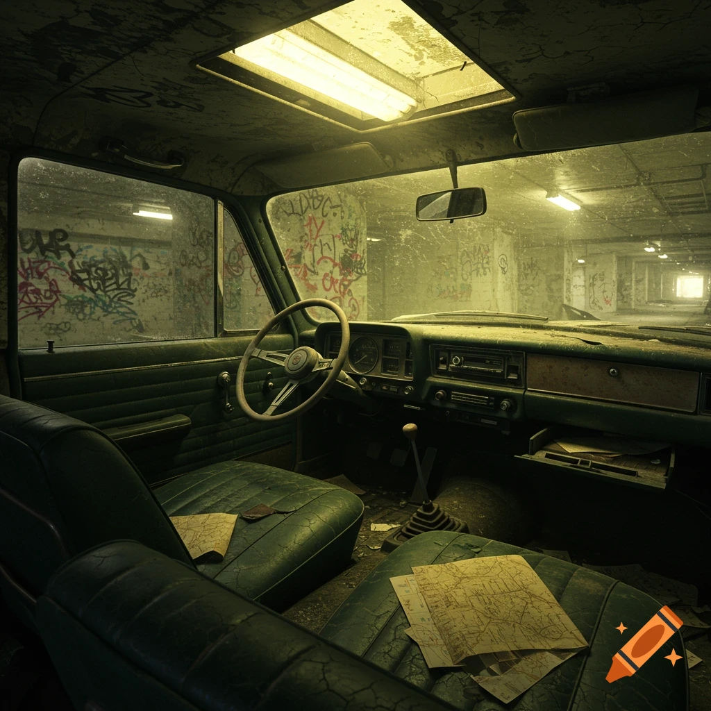 An old, dirty car interior with cracked green leather seats, maps, a dusty dashboard, and a sunroof, viewed from the backseat looking towards graffiti-covered walls in a dim, abandoned parking garage.