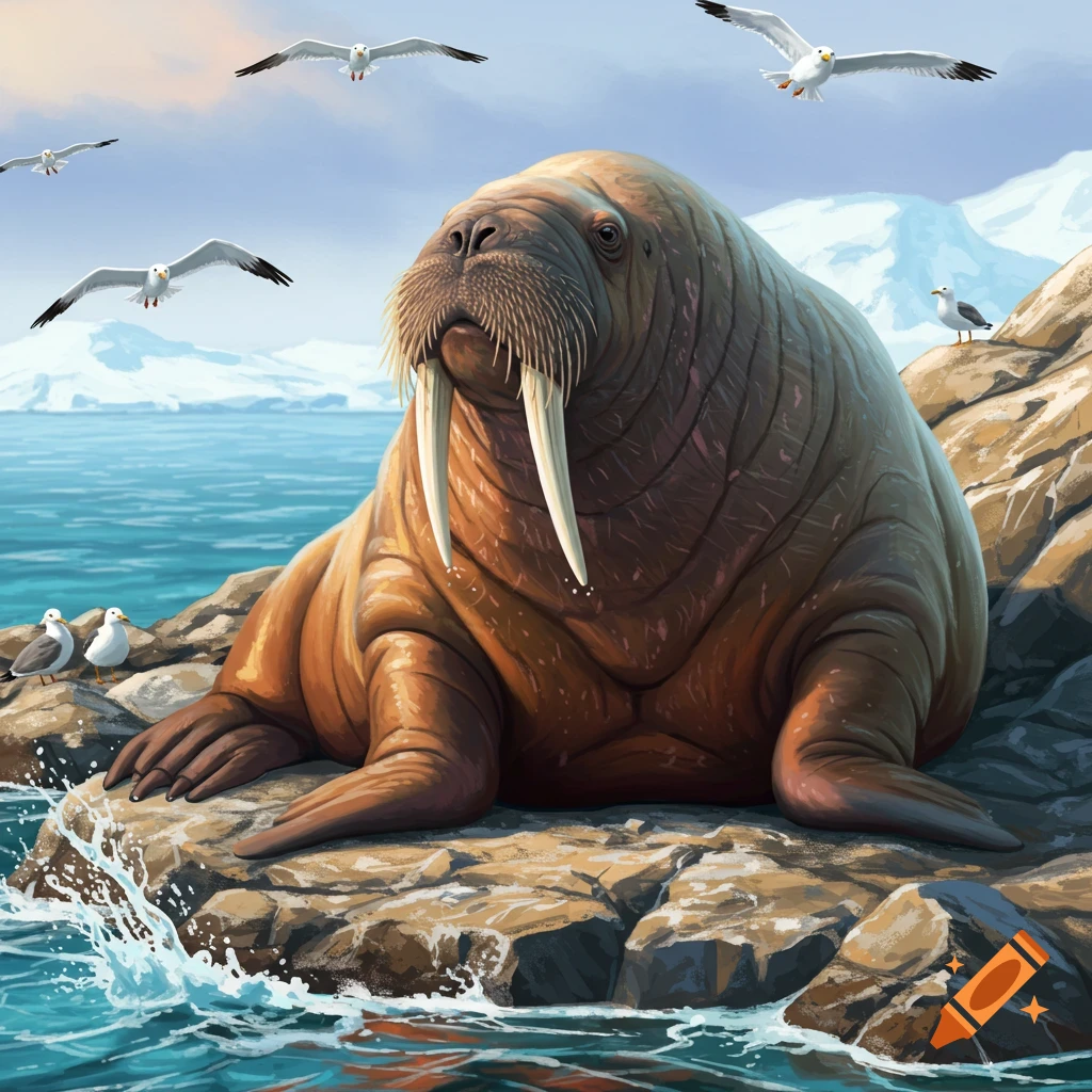 A large walrus with tusks sits on rocks by the ocean with splashing water and flying seagulls, snowy mountains in background, illustration.