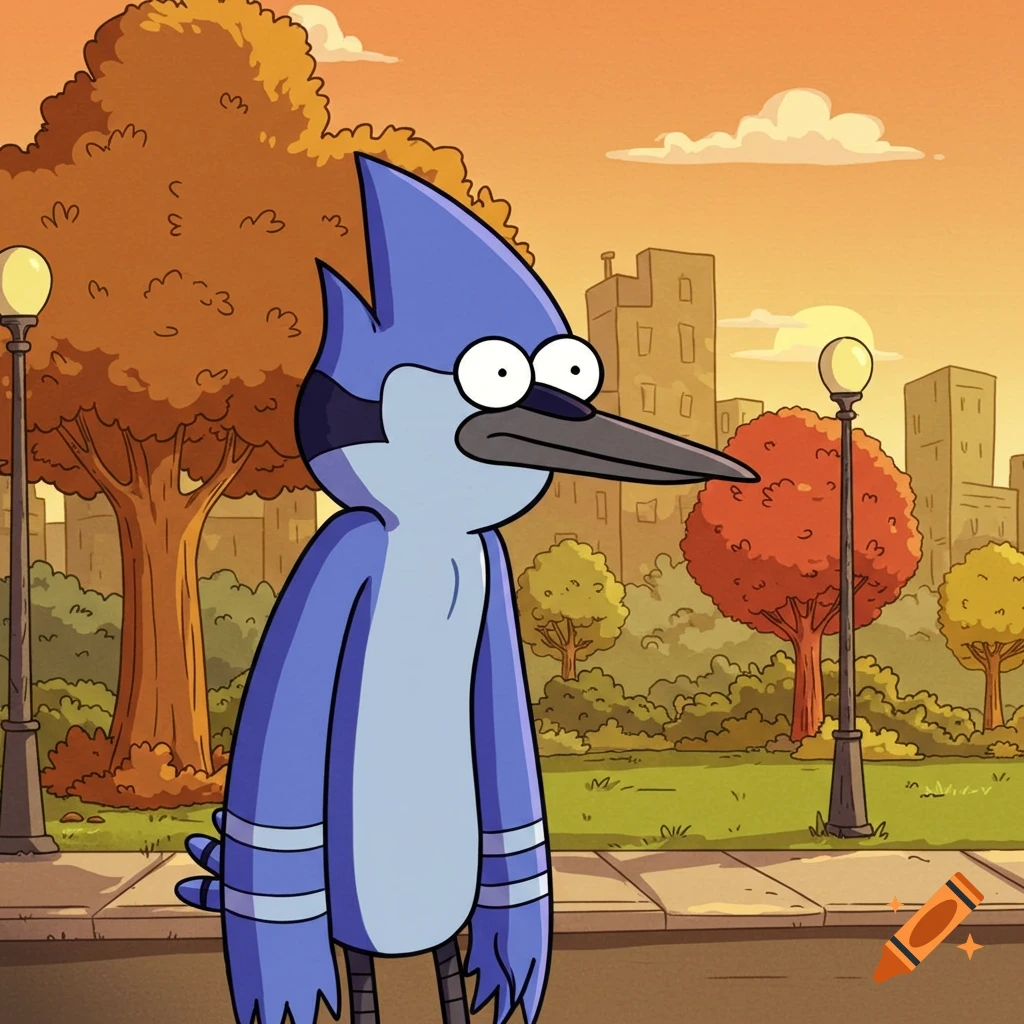 Mordecai from Regular Show, a blue jay, stands in a park with trees and city buildings in the background during sunset.