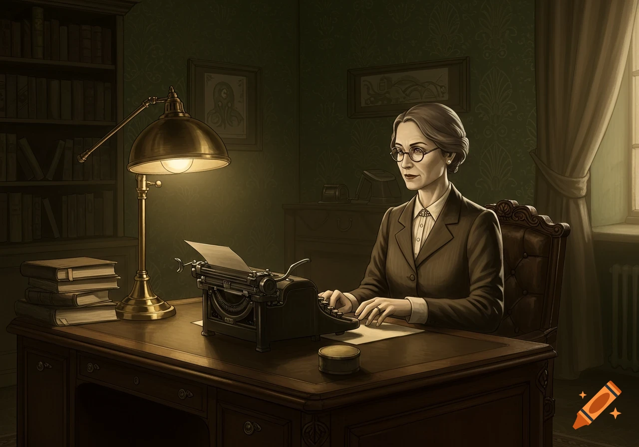 A woman in 1920s attire types on a vintage typewriter at a wooden desk under a lamp in a dimly lit office.