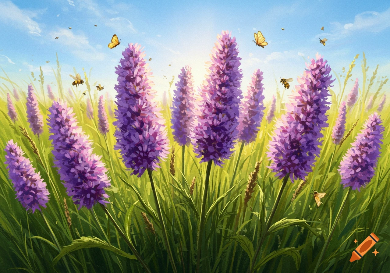 Vibrant field of purple showy blazing star flowers with bees and butterflies under a bright blue sky, digital painting.