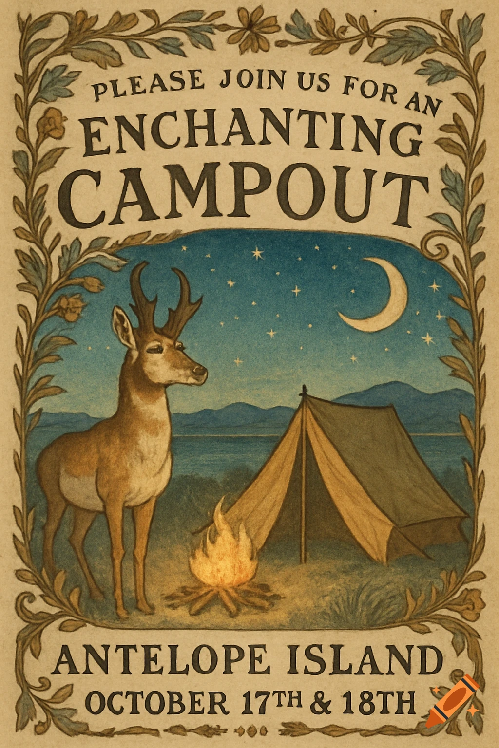 Vintage illustration of a campout invitation with an antelope, tent, campfire, and text: 'Enchanting Campout Antelope Island October 17th & 18th'.