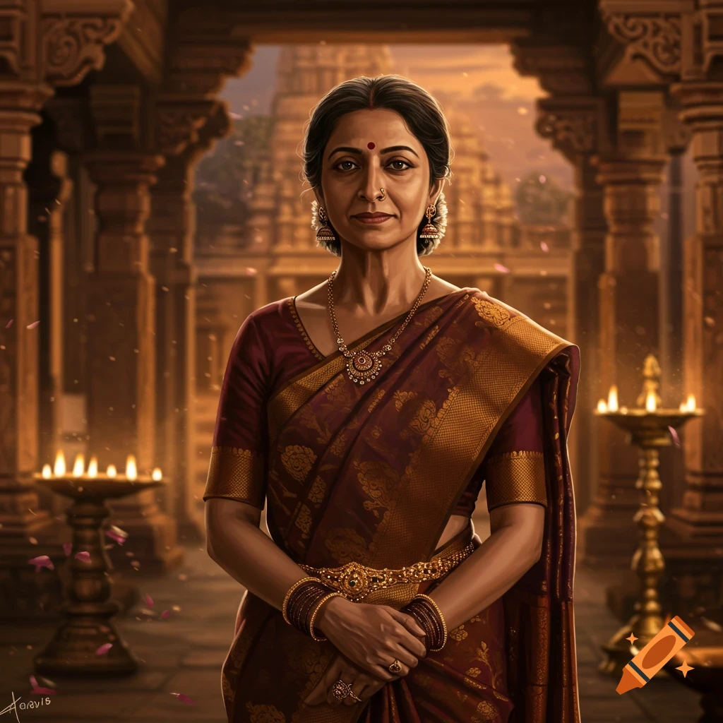 A photorealistic portrait of a middle-aged Indian woman in a maroon saree and gold jewelry, standing in an ornate temple with glowing oil lamps.
