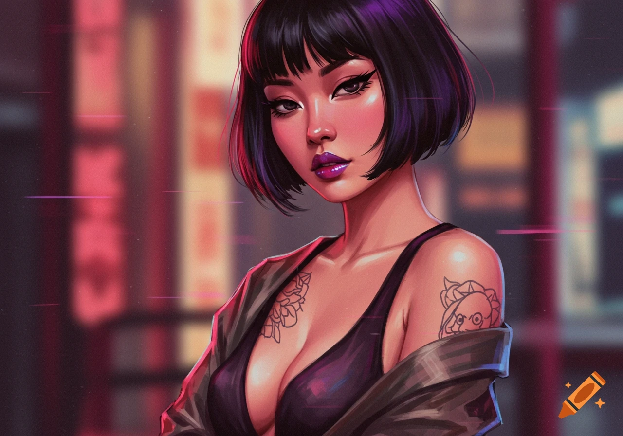 Digital art portrait of a woman with a dark bob, sharp eyes, purple lipstick, and a black bra, with a neon city background.