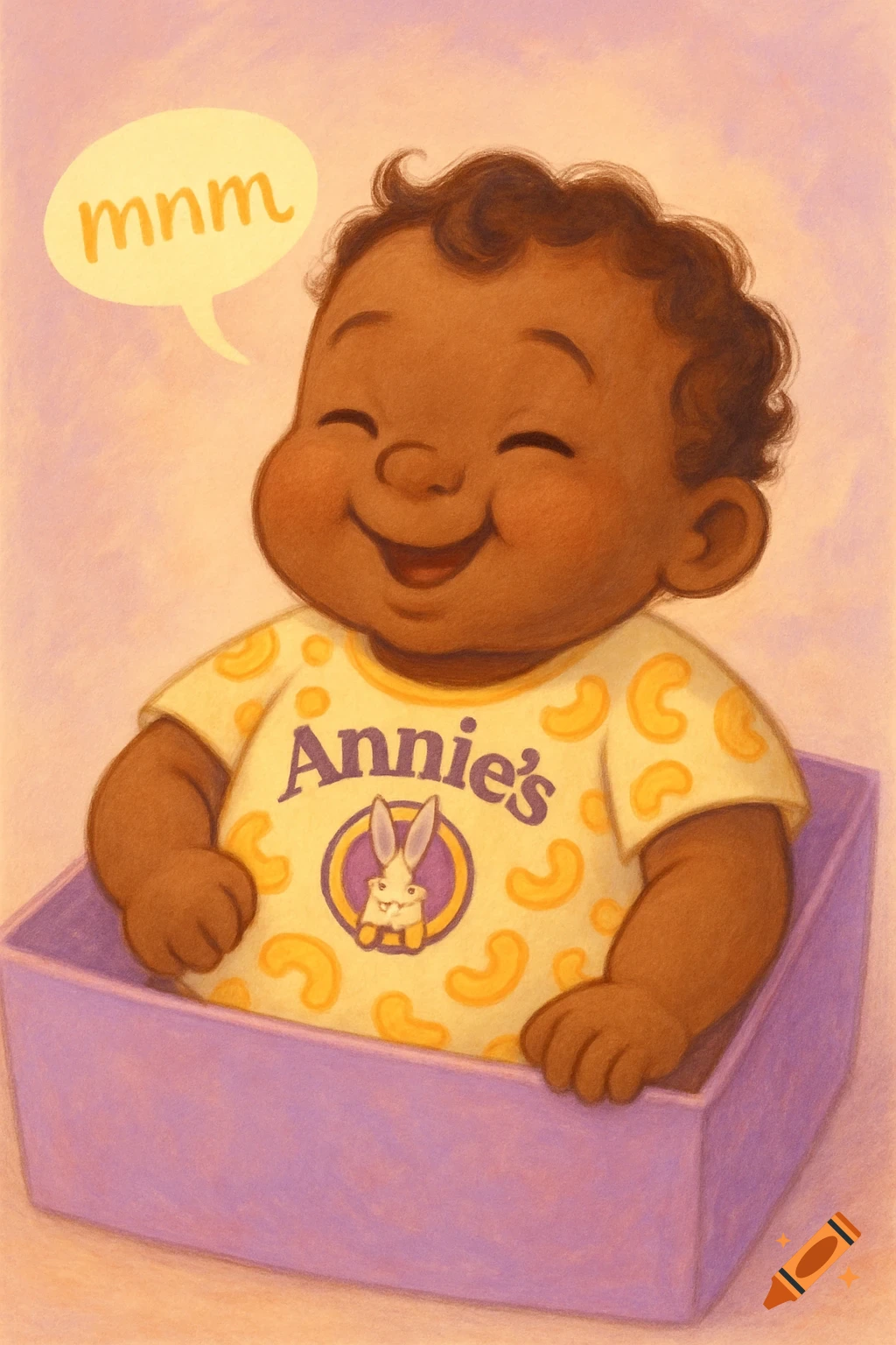 A cute cartoon baby with dark skin and curly hair smiles while sitting in a purple box. They wear a yellow shirt with 'Annie's' and macaroni shapes. A thought bubble above their head reads 'mnm'.