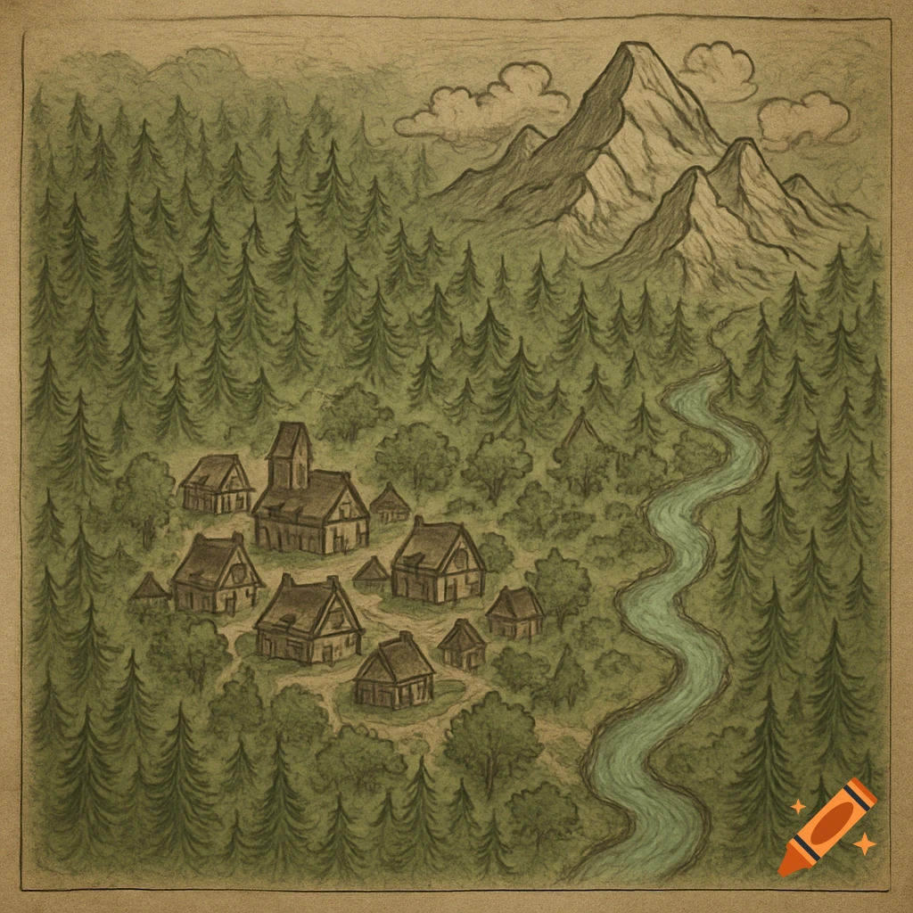 A hand-drawn fantasy map illustrating a village nestled in a dense forest, with towering mountains and a winding river.