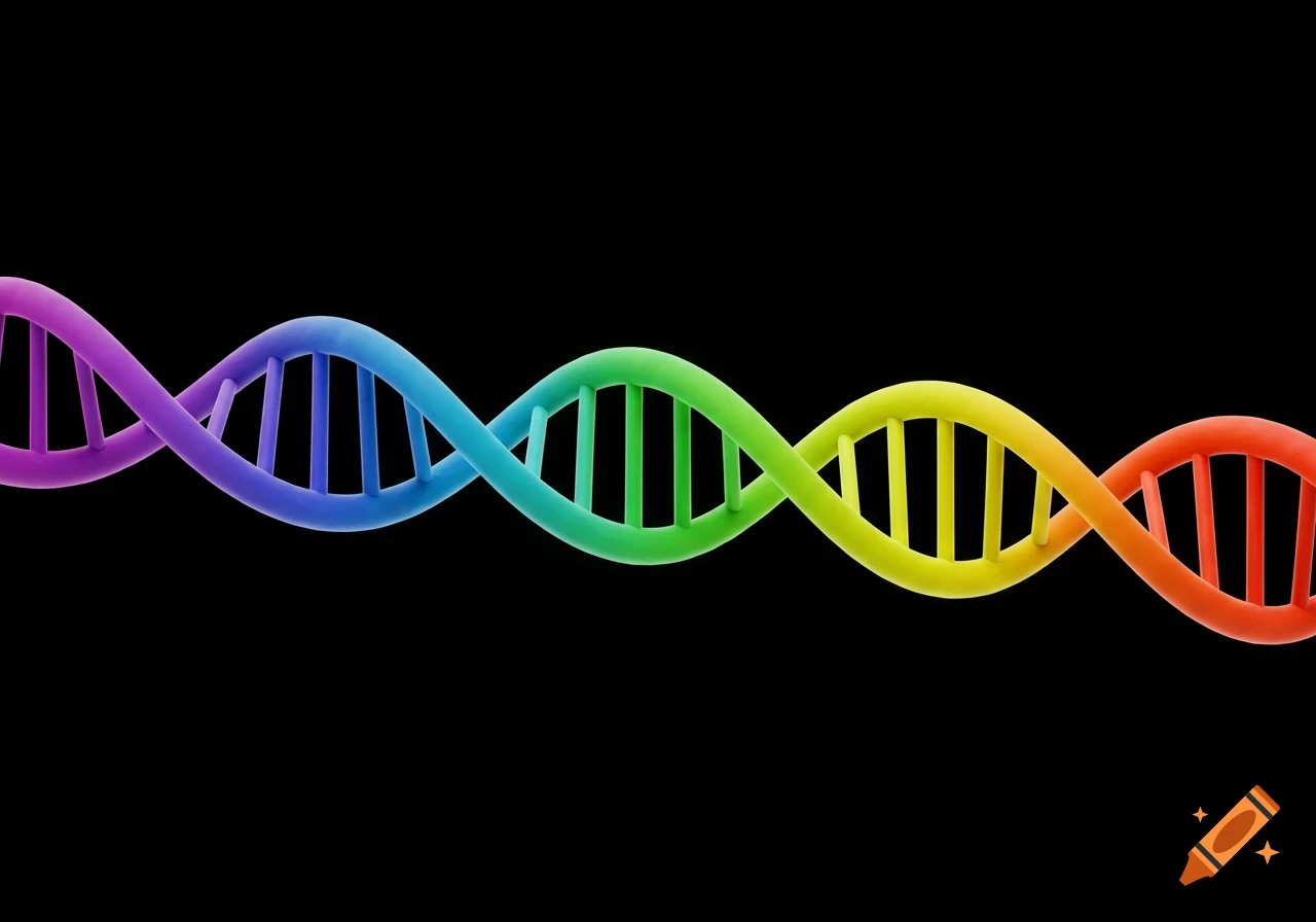 A vibrant, rainbow-colored DNA helix against a solid black background.