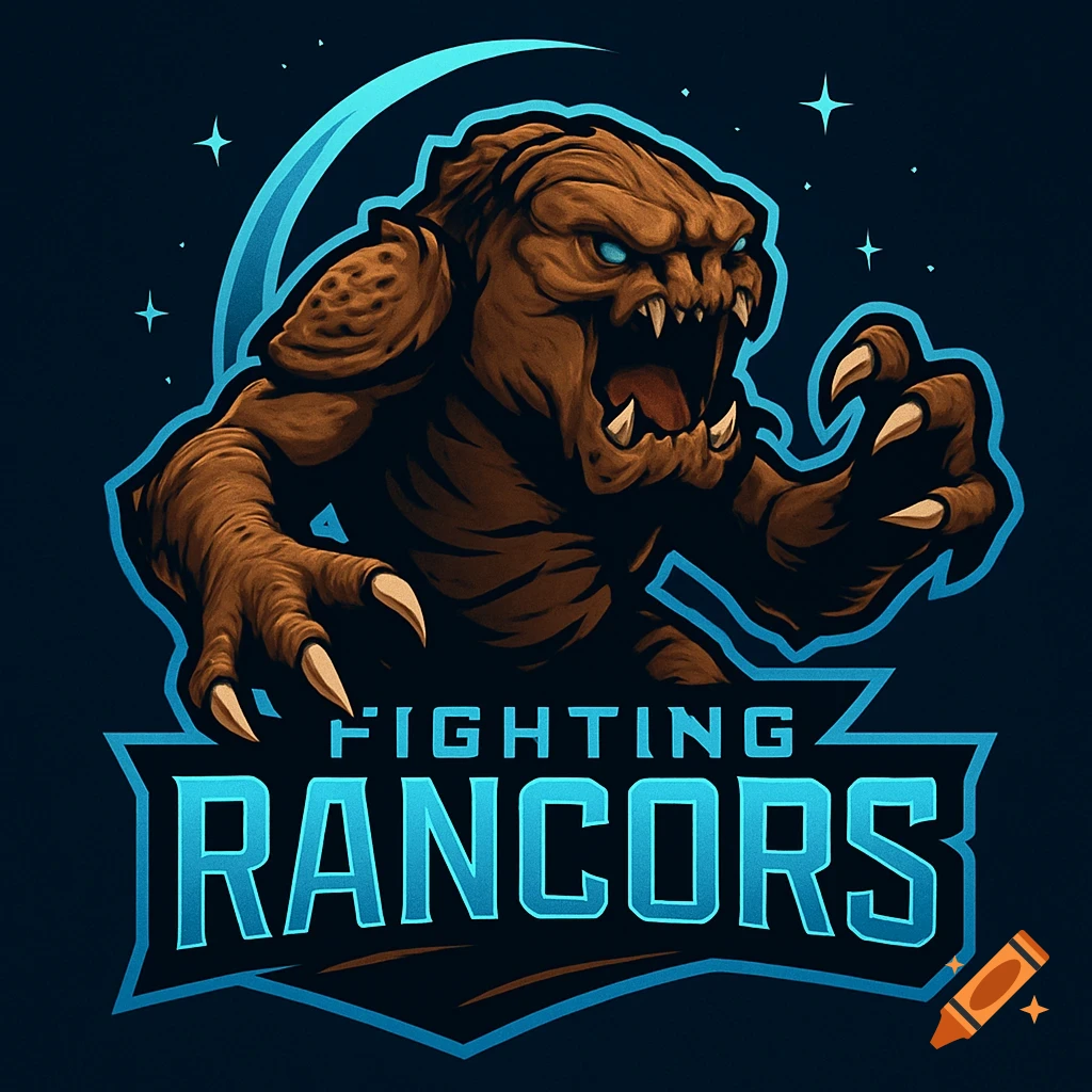 Stylized esports logo of a brown, snarling Rancor monster with blue eyes, text 'FIGHTING RANCORS'.