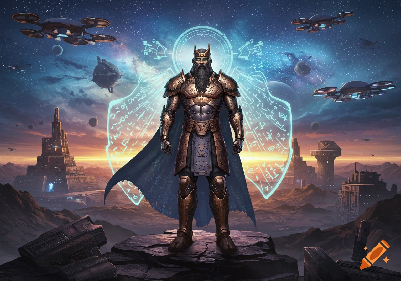 A powerful sci-fi king or warrior in golden armor with a long beard stands on a rock, with futuristic cities and drones in a cosmic landscape.
