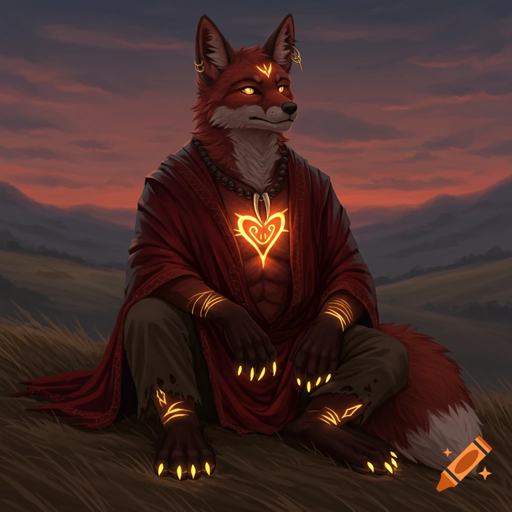 Red-furred anthropomorphic fox with glowing golden eyes, claws, and a heart symbol on its chest, wearing a crimson robe, sitting on a grassy hillside at sunset.