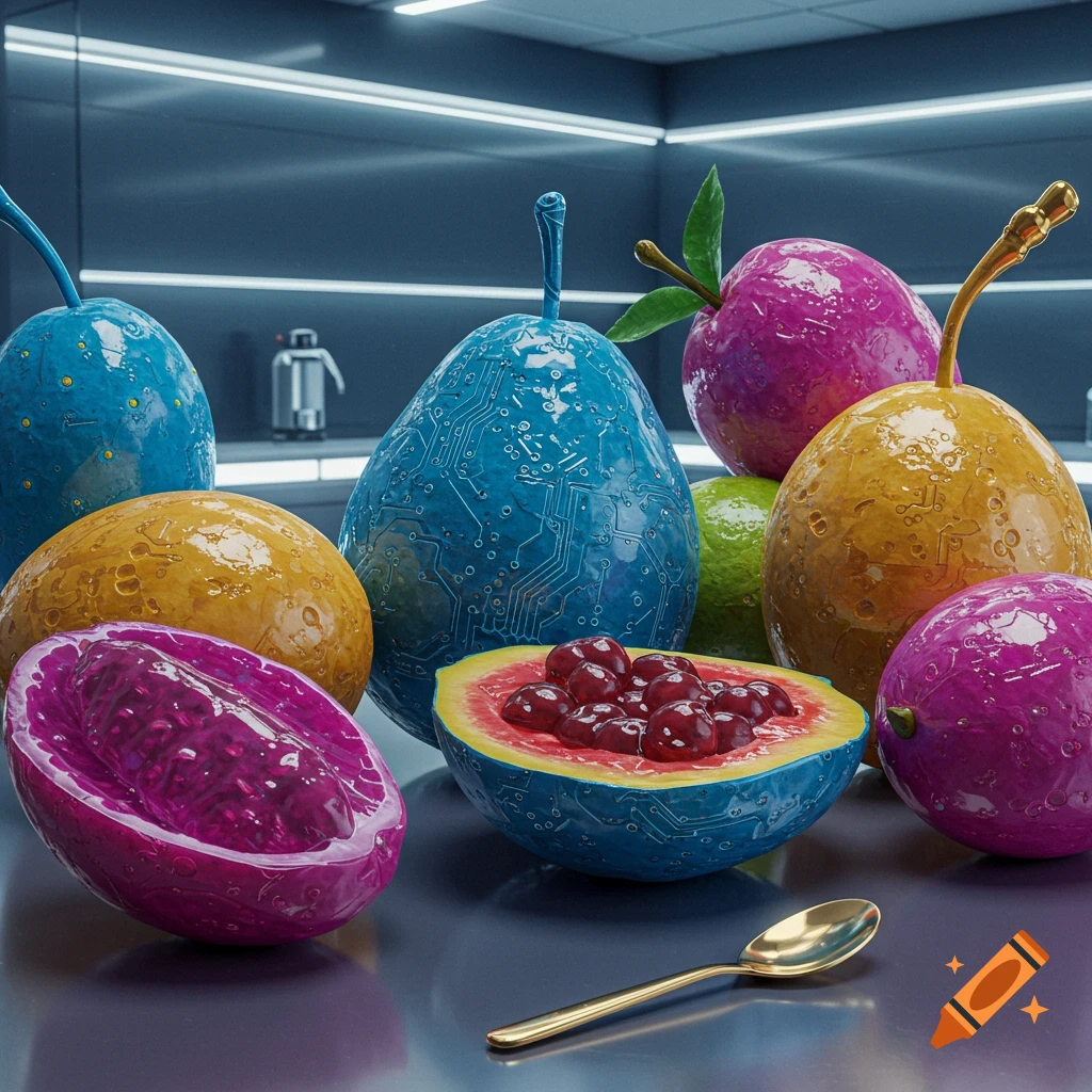 A collection of brightly colored, futuristic fruits with circuit board patterns on a sleek counter, one cut open revealing seeds, with a golden spoon.
