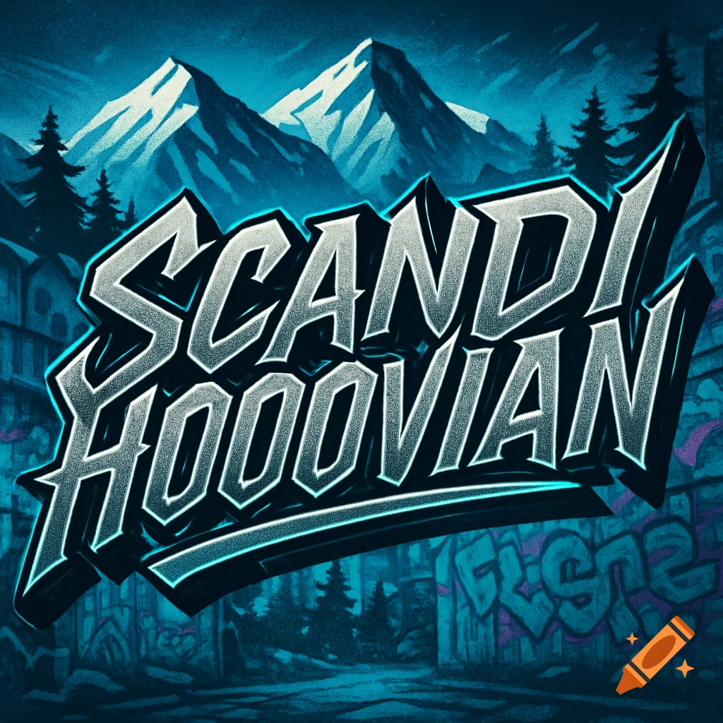 Bold, stylized 'SCANDI HOOVIAN' text in a Hoonigan-style font over dark mountains, pine trees, and graffiti in blue tones.