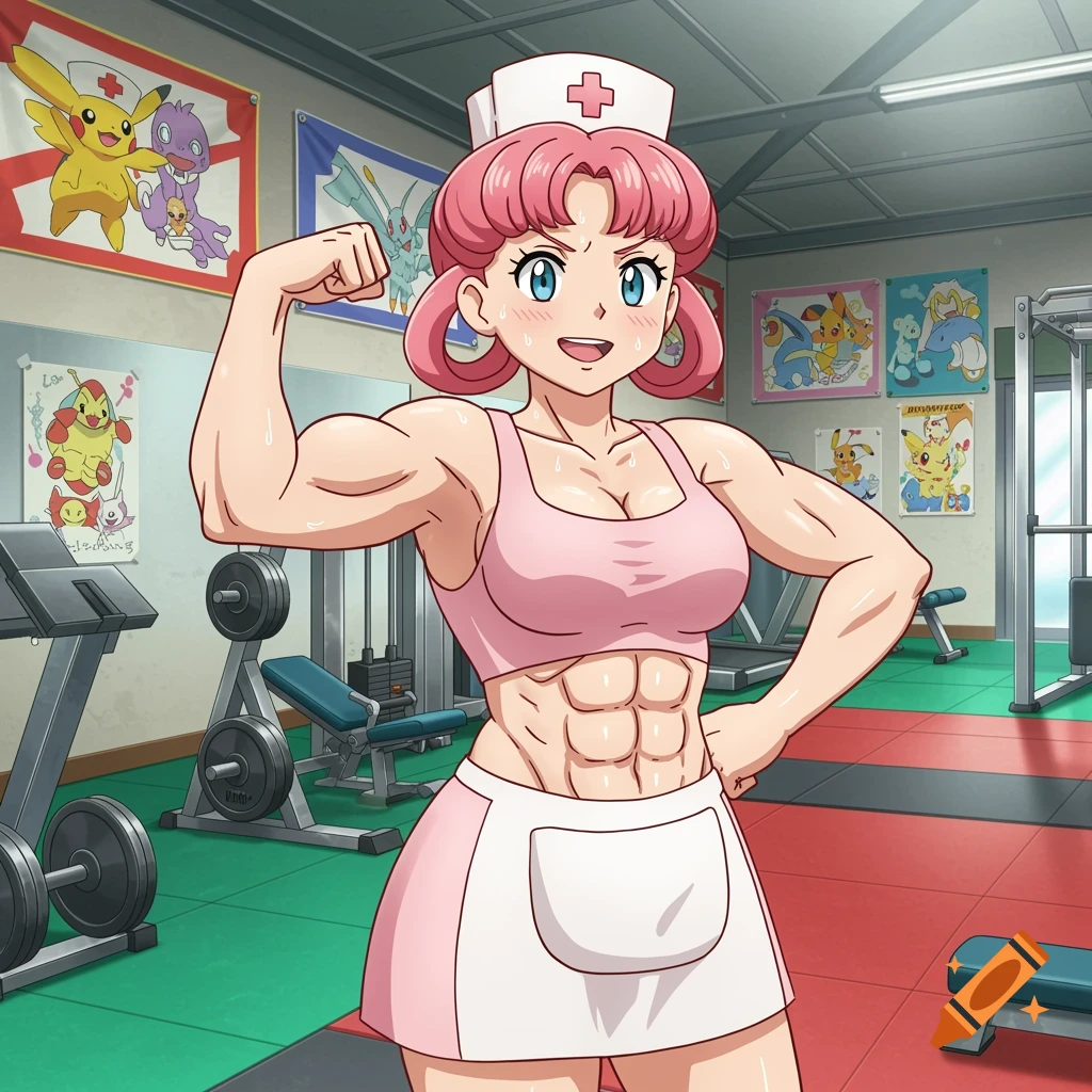 Anime style Nurse Joy with pink hair, wearing a nurse's hat, pink sports bra and skirt, flexing her muscles in a gym with Pokemon posters.