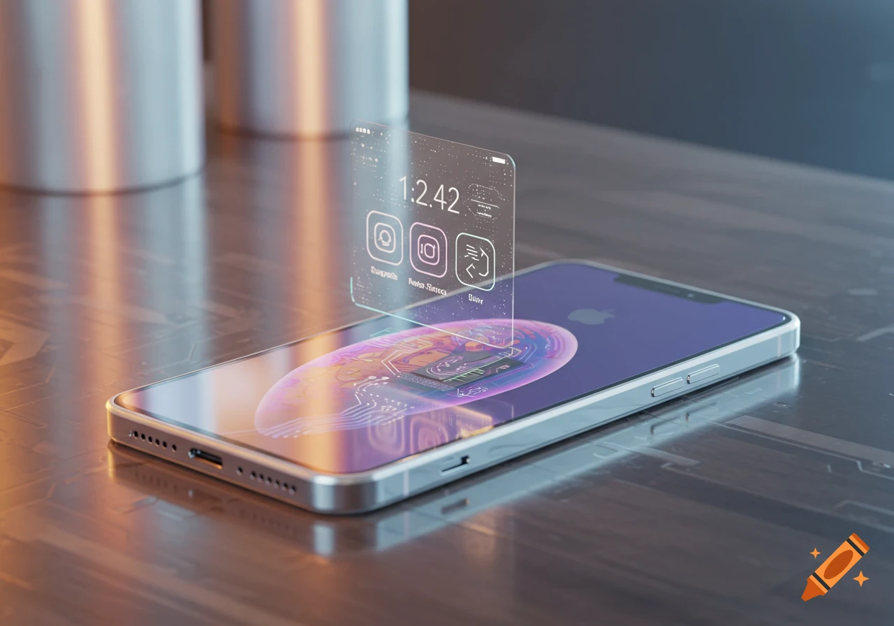 Futuristic iPhone on a metallic surface, projecting a holographic interface with time and app icons.