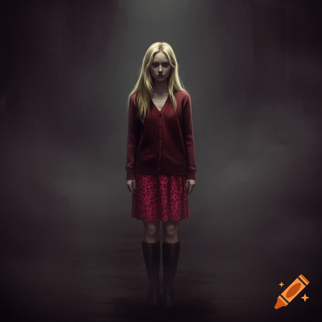 A blond woman in a red cardigan and leopard-print skirt, with a blank expression, stands in a foggy, dark abyss. Edward Hopper inspired.